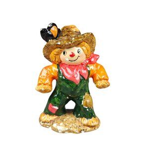 Vintage Russ Berrie Ceramic Scarecrow Figurine With Hat & Bird